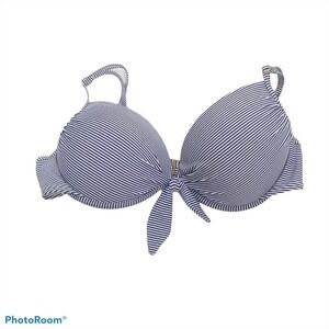 SO blue and white striped bow front bikini top